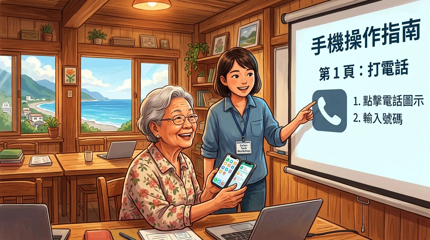 透過 NotebookLM 為高齡學員自動化生成的手機操作簡報示意圖