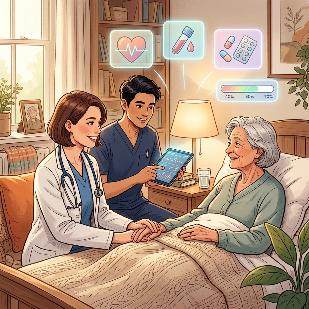 在宅醫療與 AI 協同的科技溫馨畫面