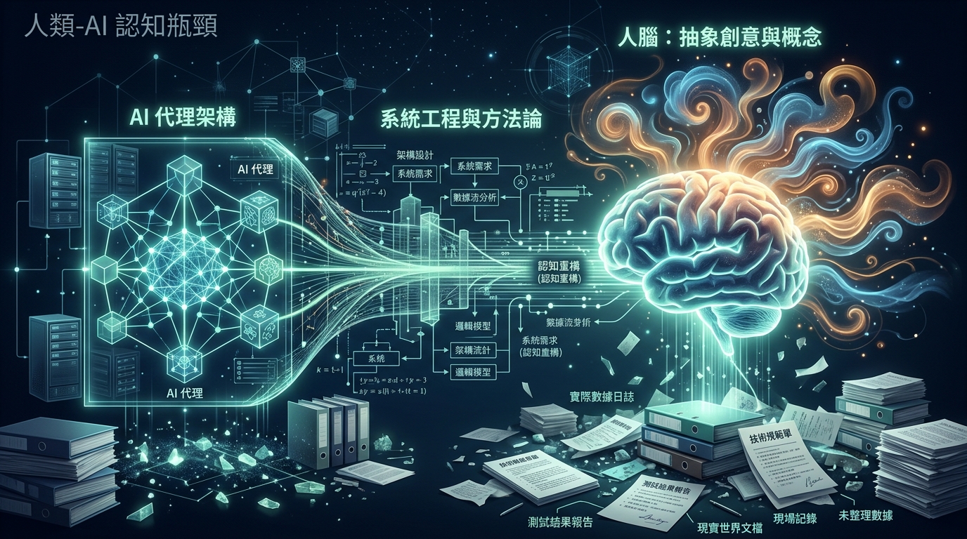 Human-AI Cognitive Bottleneck showing brain mapping to agent architecture via systems engineering