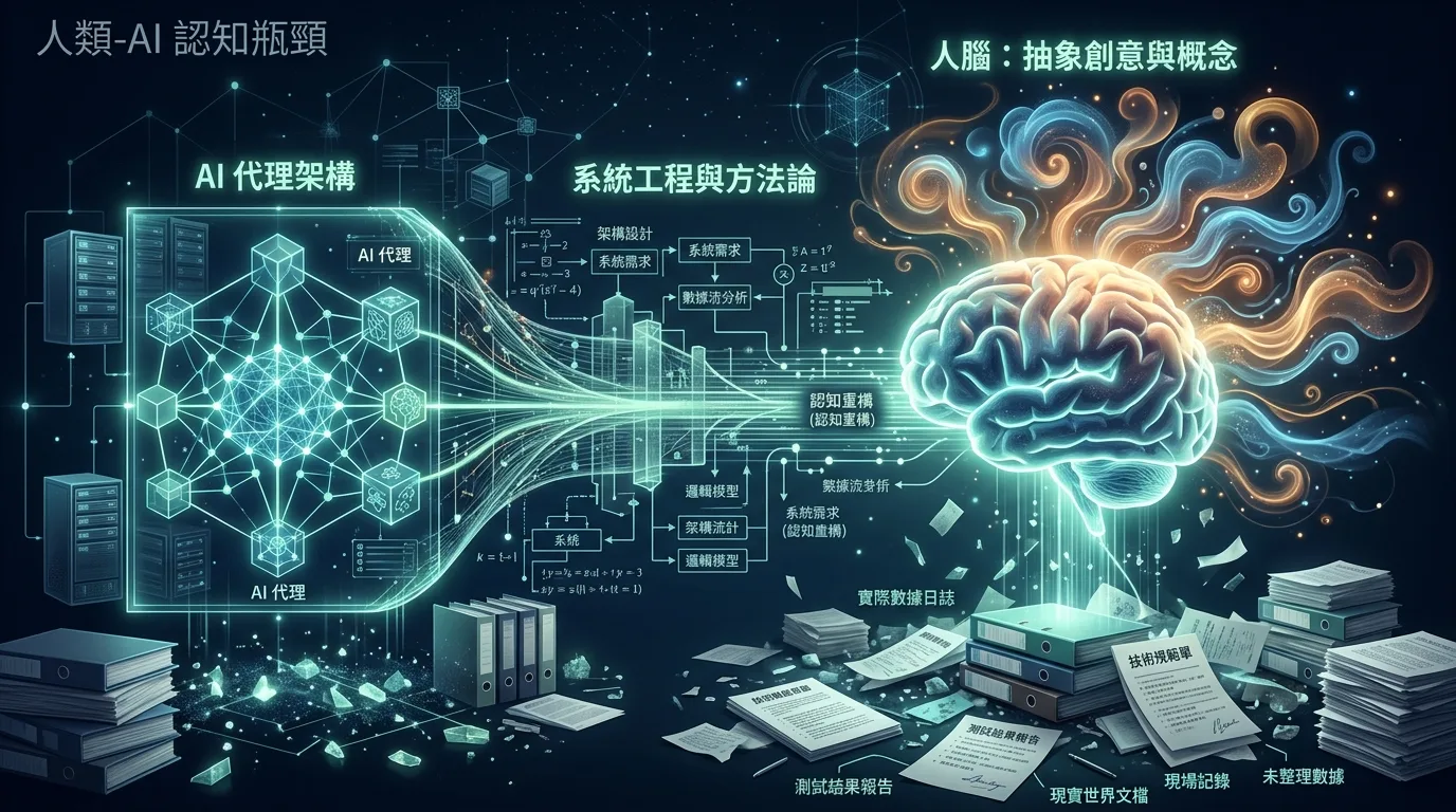 Human-AI Cognitive Bottleneck showing brain mapping to agent architecture via systems engineering